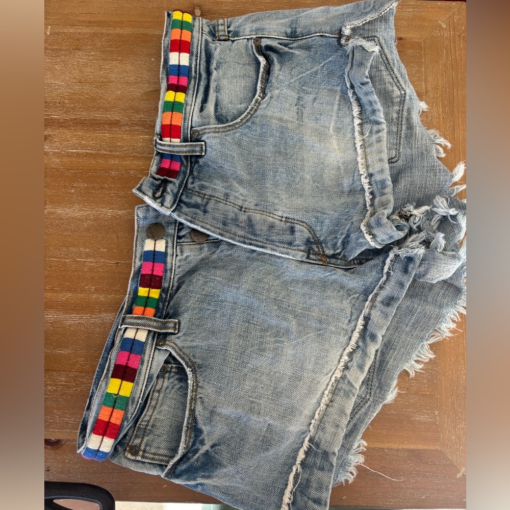 Women's Distressed Denim Shorts with Rainbow Accents